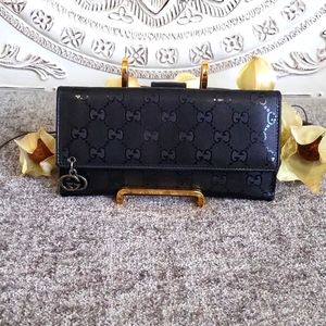 Gucci Imprime Black GG Long Wallet, Silver Hardware